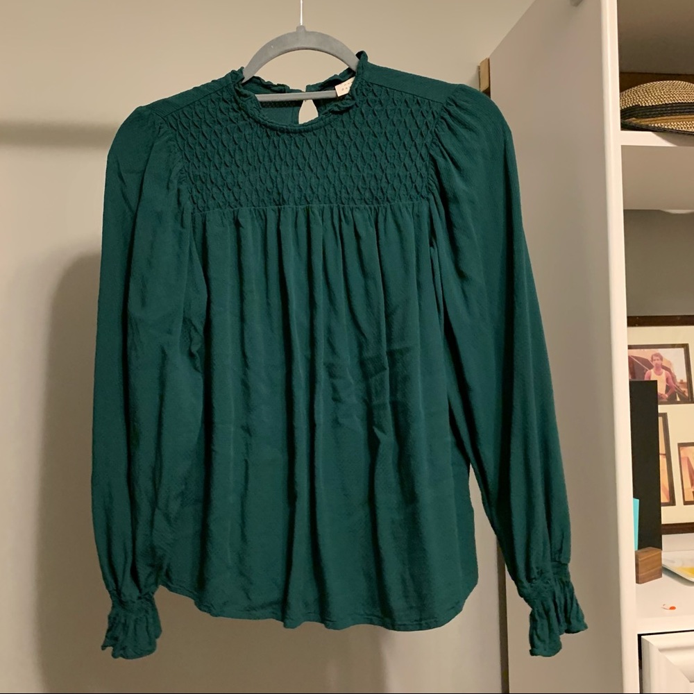 Teal high neck blouse with cinched arms